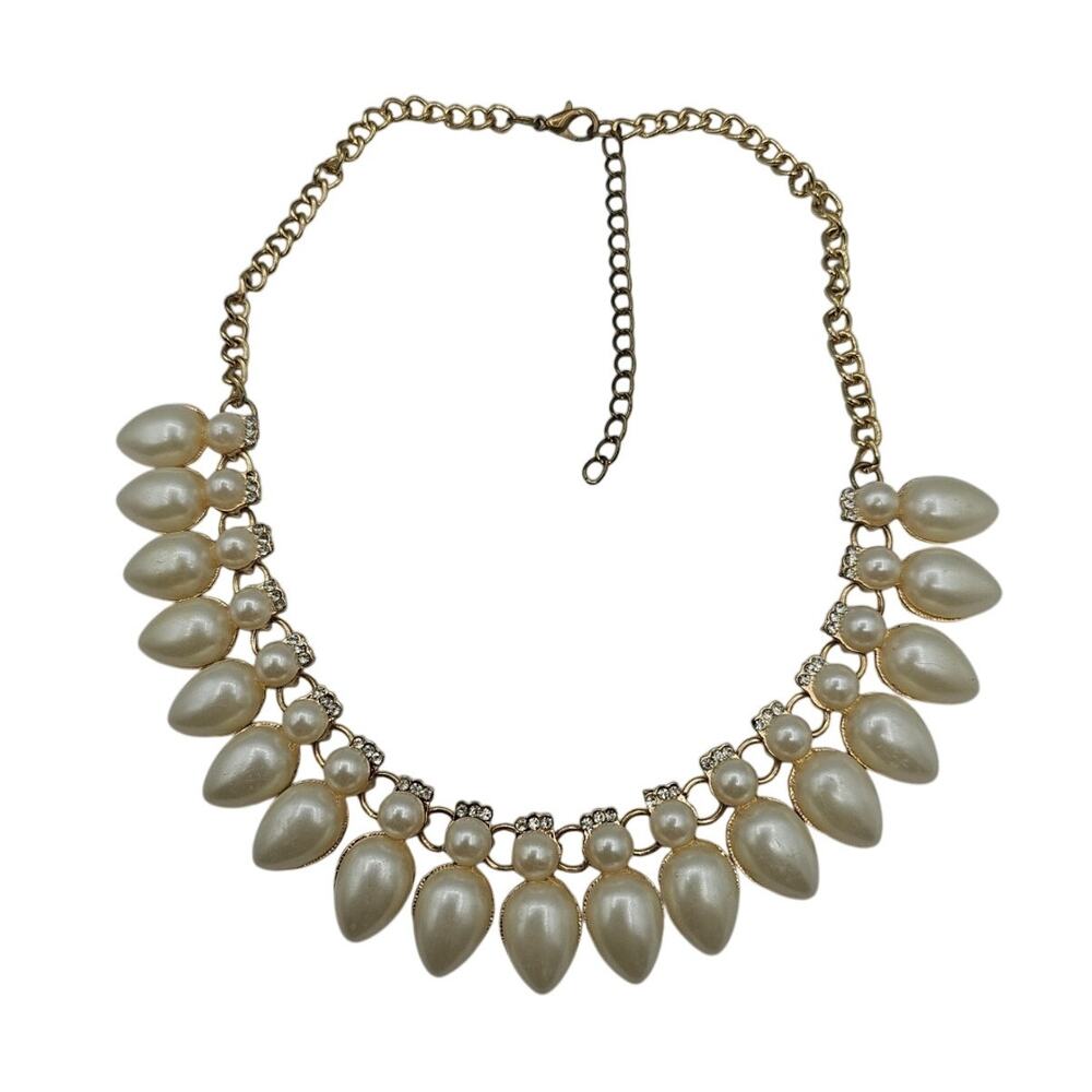 Vintage Mixed Shape Faux Pearl Teardrop Fringe Bib Necklace Max Length 18"